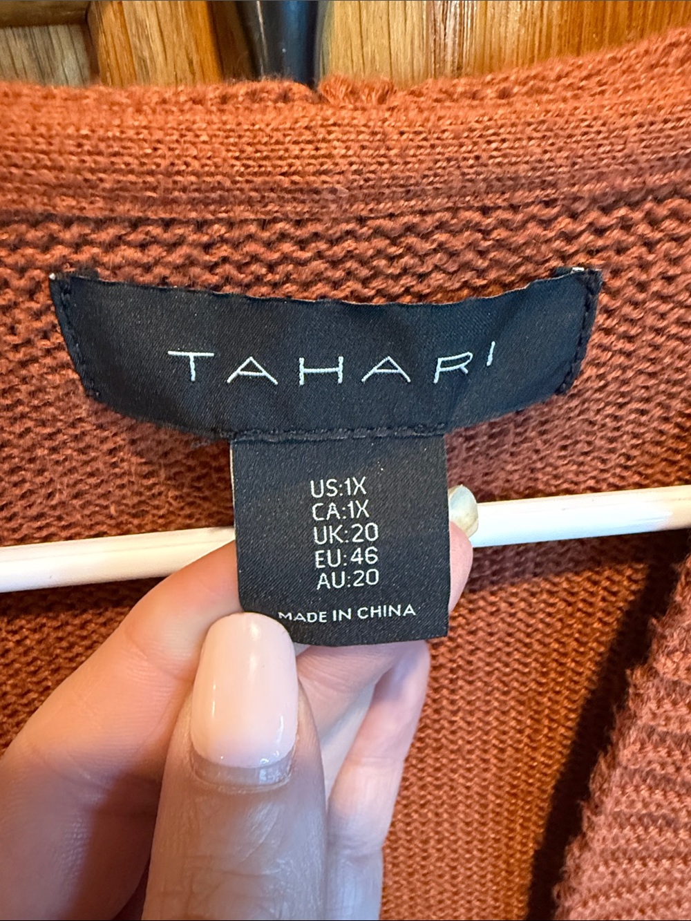 203 Tahari 1X Open Front Hooded Cardigan Sweater Rust Brown Cotton Blend Pockets - Picture 3 of 5